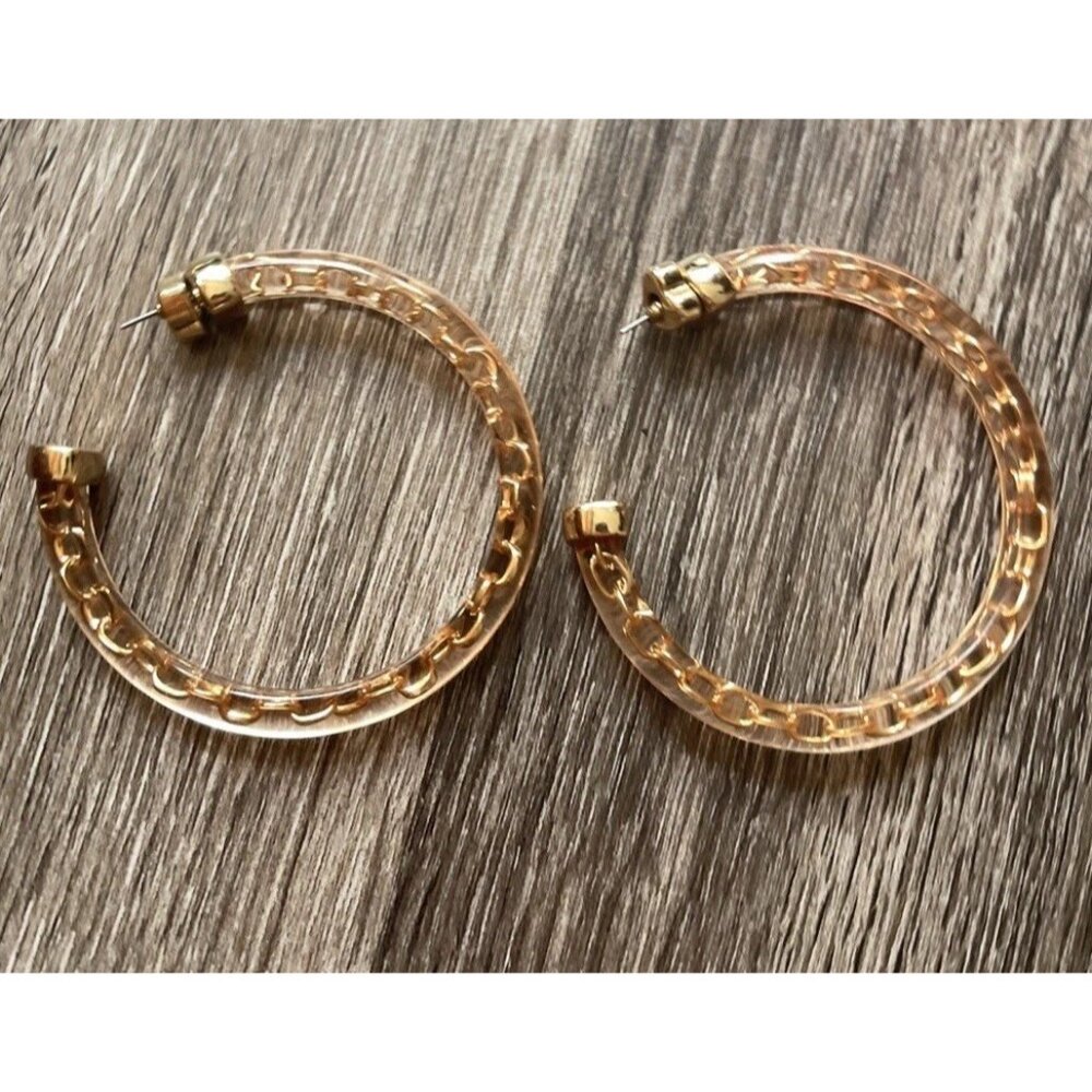 Vintage 80’s Largo Gold Tone Hoop Dangle Earrings Poured Lucite Statement Sz 3”